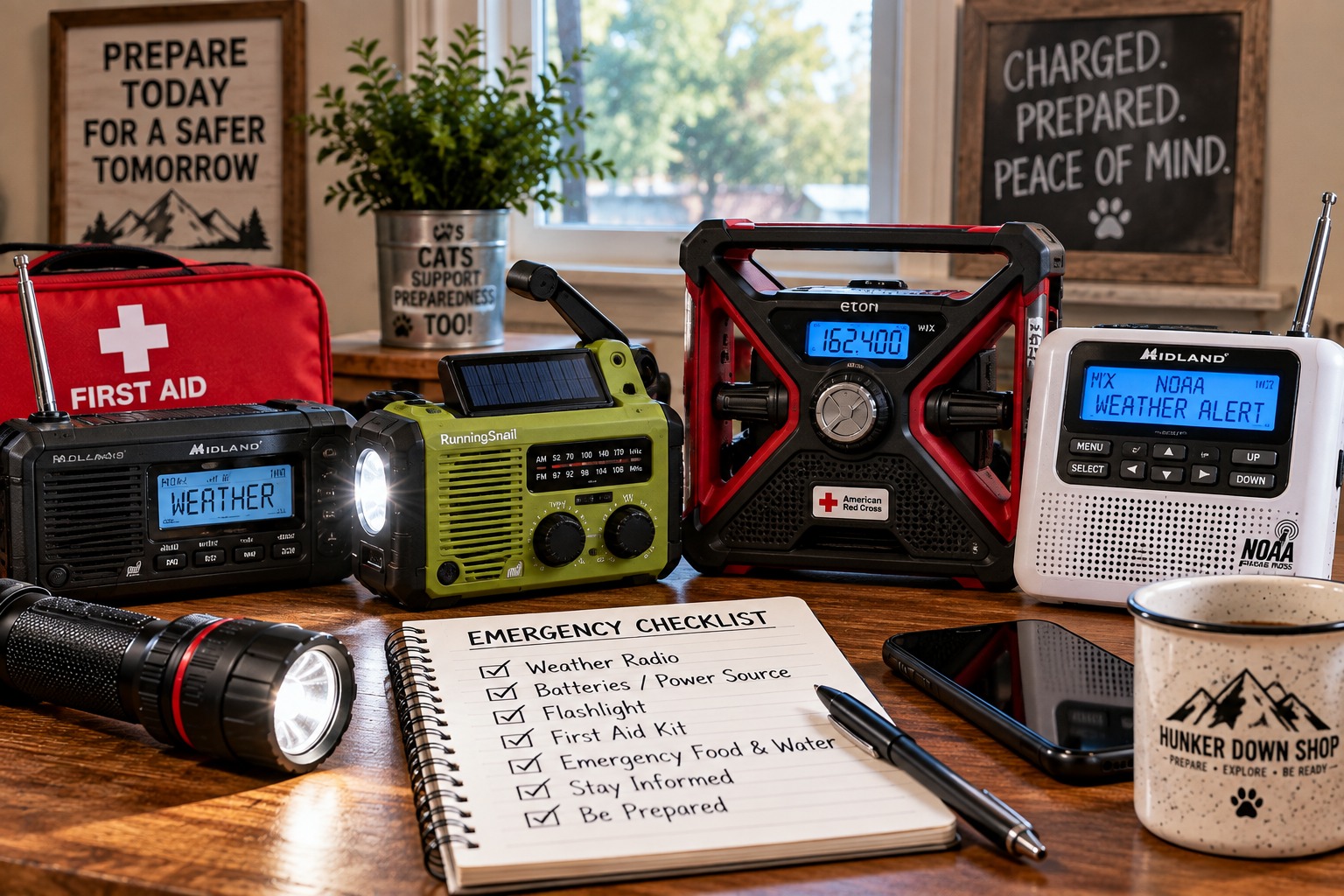 Emergency radios with weather alerts, flashlight, batteries, backup power and emergency preparedness supplies
