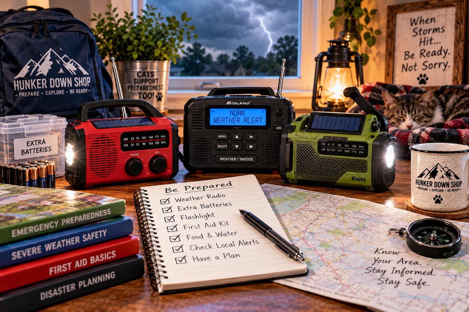Emergency radios with NOAA weather alerts, solar charging, extra batteries, flashlight and storm preparedness supplies