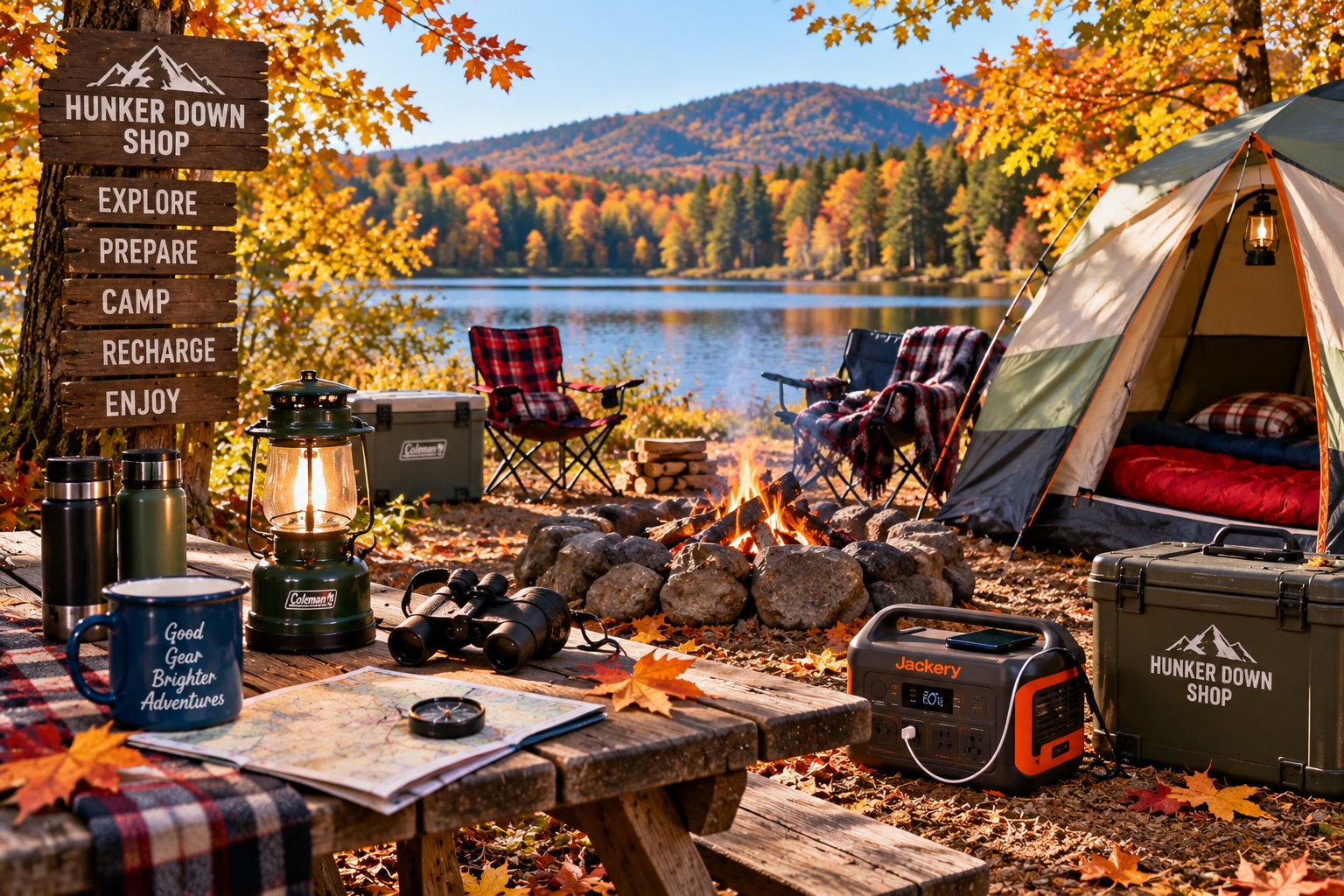 Fall camping gear with tent, lantern, cooler and portable power station