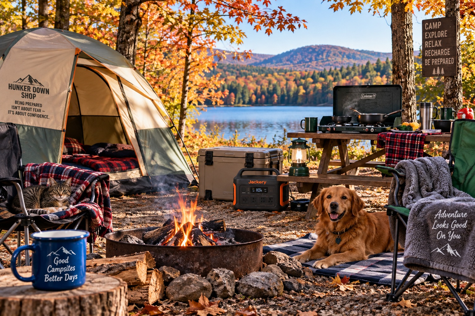 Fall camping campsite with tent, campfire, lantern and portable power station