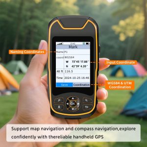 Handheld GPS navigator for hiking with coordinate and waypoint navigation