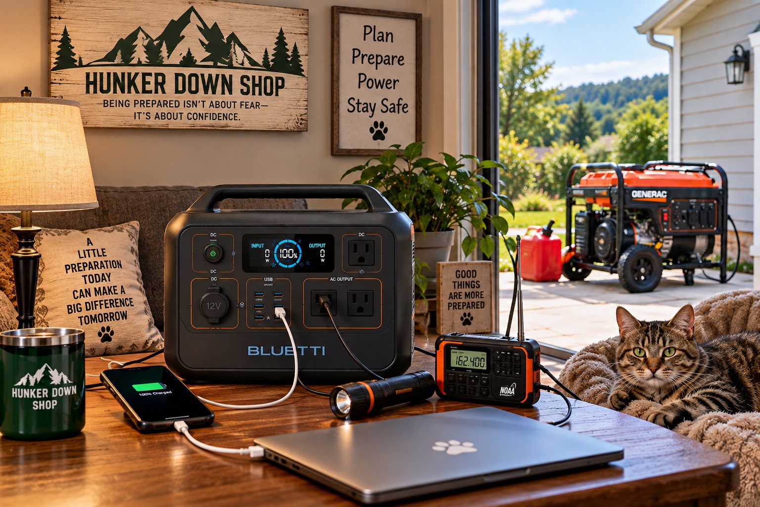 Portable power station indoors with generator outside for backup power