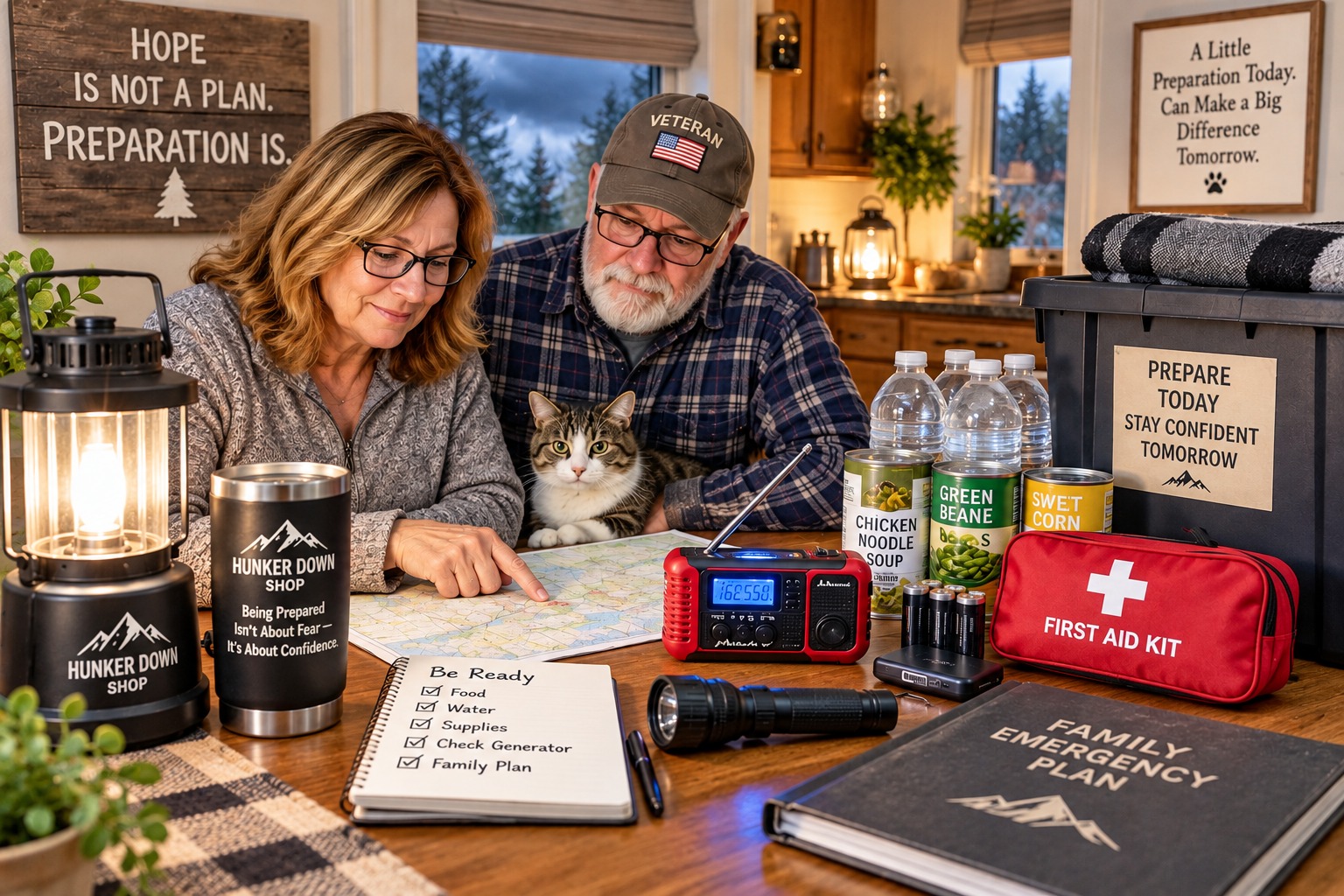 Family preparing emergency supplies during a power outage