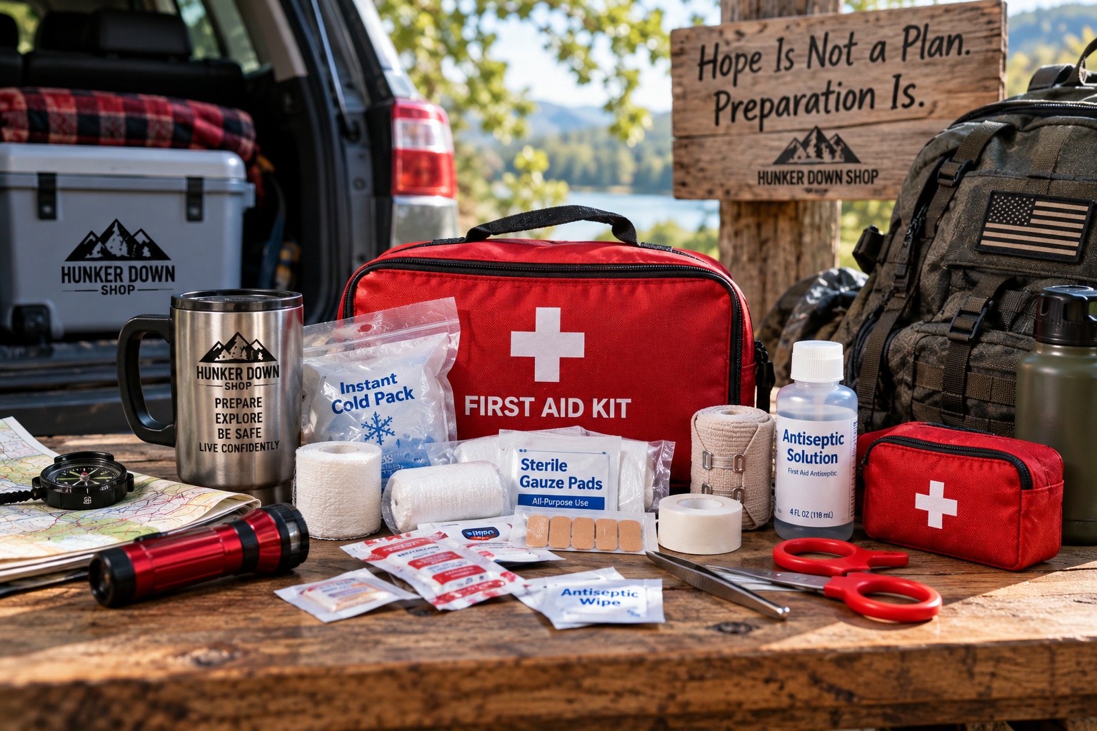 First aid kit for camping, travel and roadside emergencies