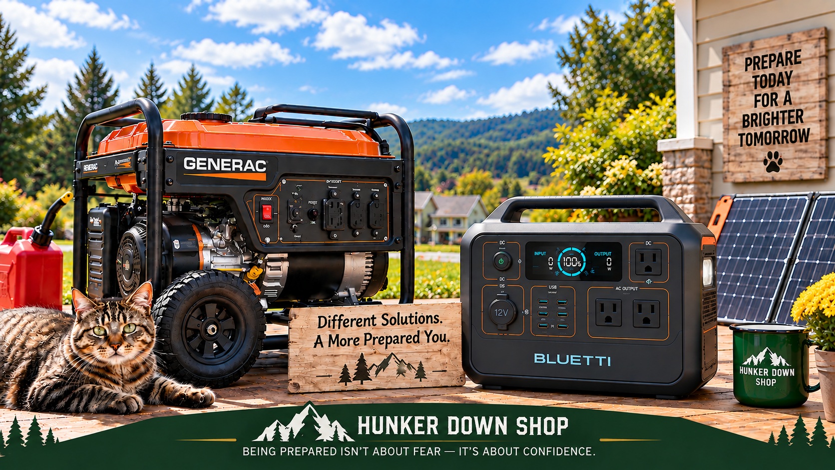 Generator and portable power station with solar panels for emergency backup power