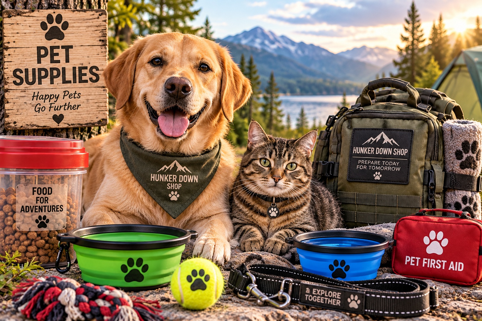Pet supplies for dogs and cats including travel bowls, food, first aid kit and outdoor gear