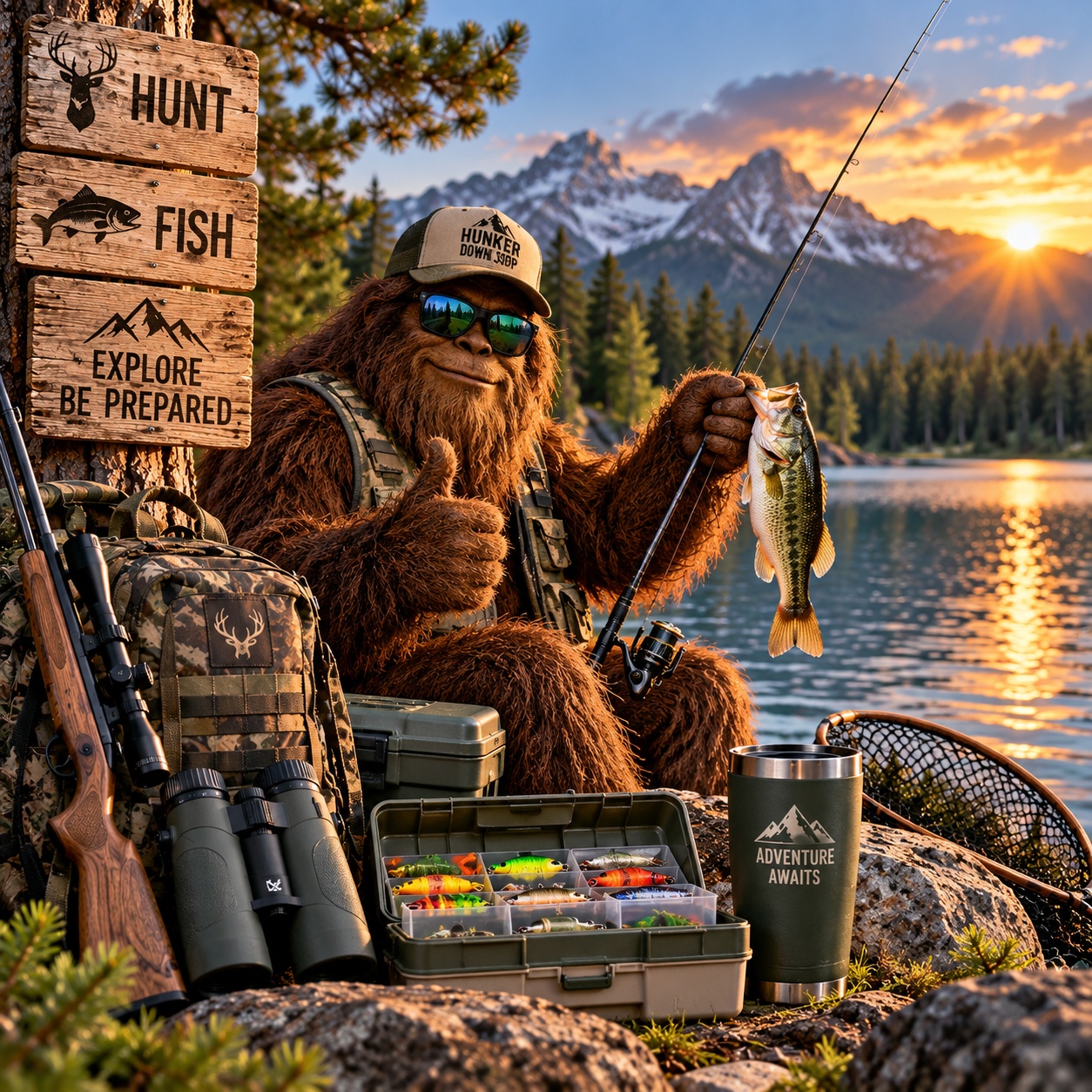 Hunting and fishing gear with binoculars, fishing rod, tackle, and outdoor equipment