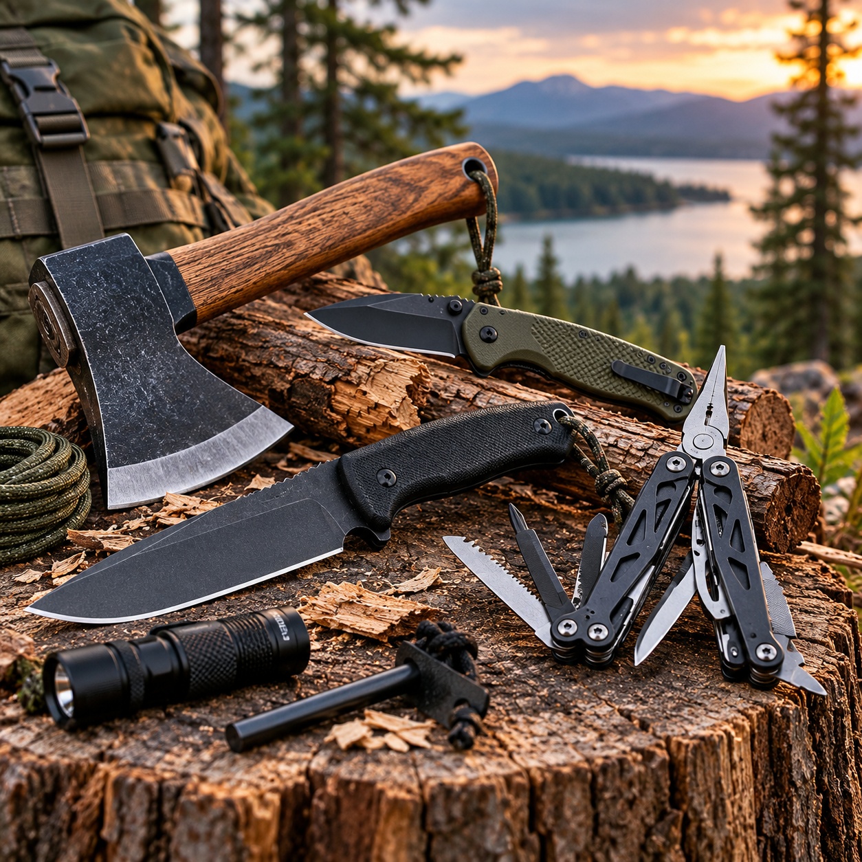 Knives and multi-tools with hatchet for camping and survival