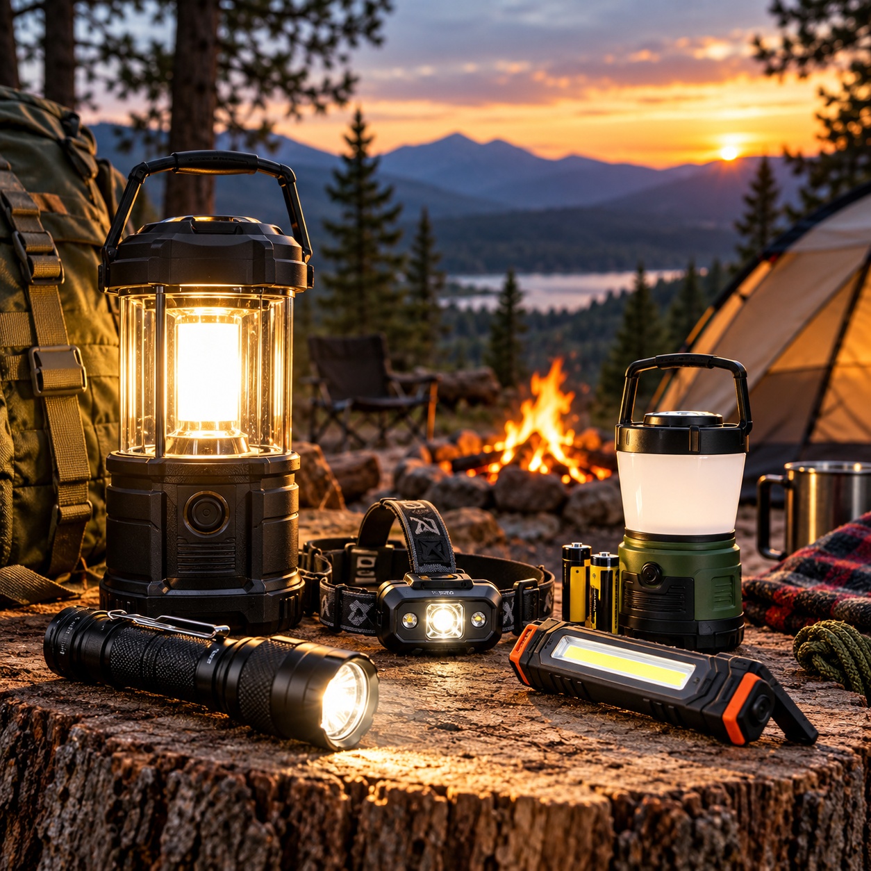 Flashlights and lanterns at an outdoor campsite