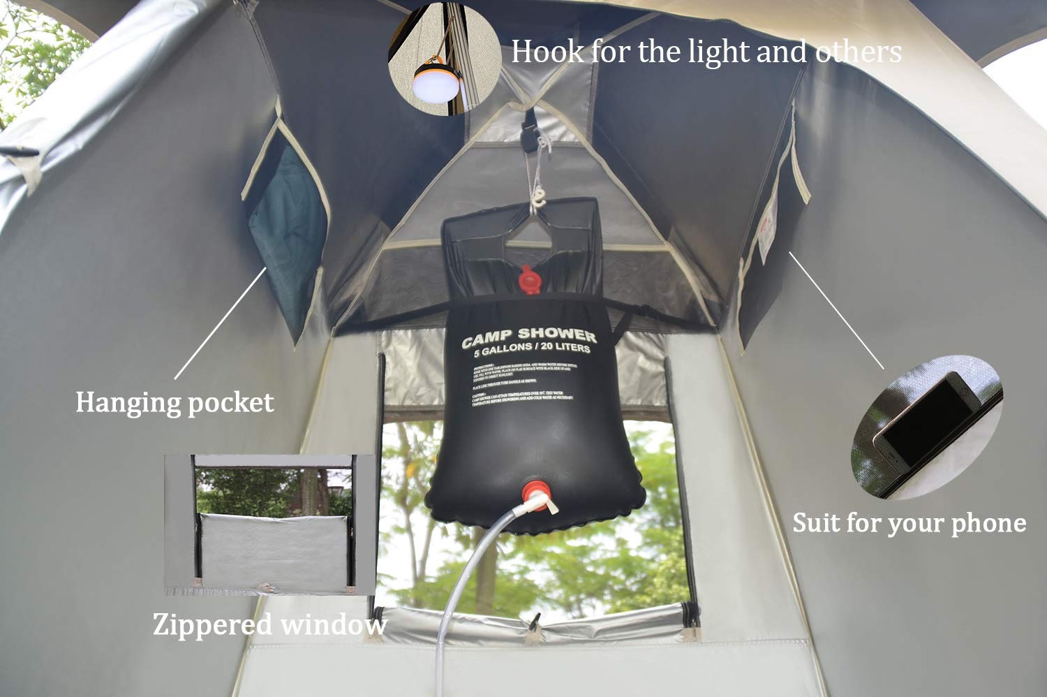 outdoor-shower-tent-interior Outdoor shower tent interior with hanging shower bag and storage pockets