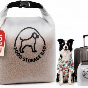 Pet food travel storage bag with roll-top closure for kibble