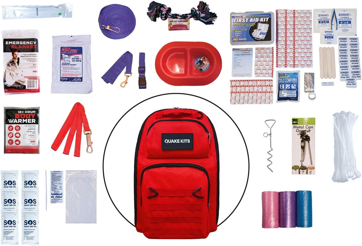 qk-dog-survival-kit-contents QK Dog Survival Kit contents with pet food water first aid leash bowl blanket and emergency supplies