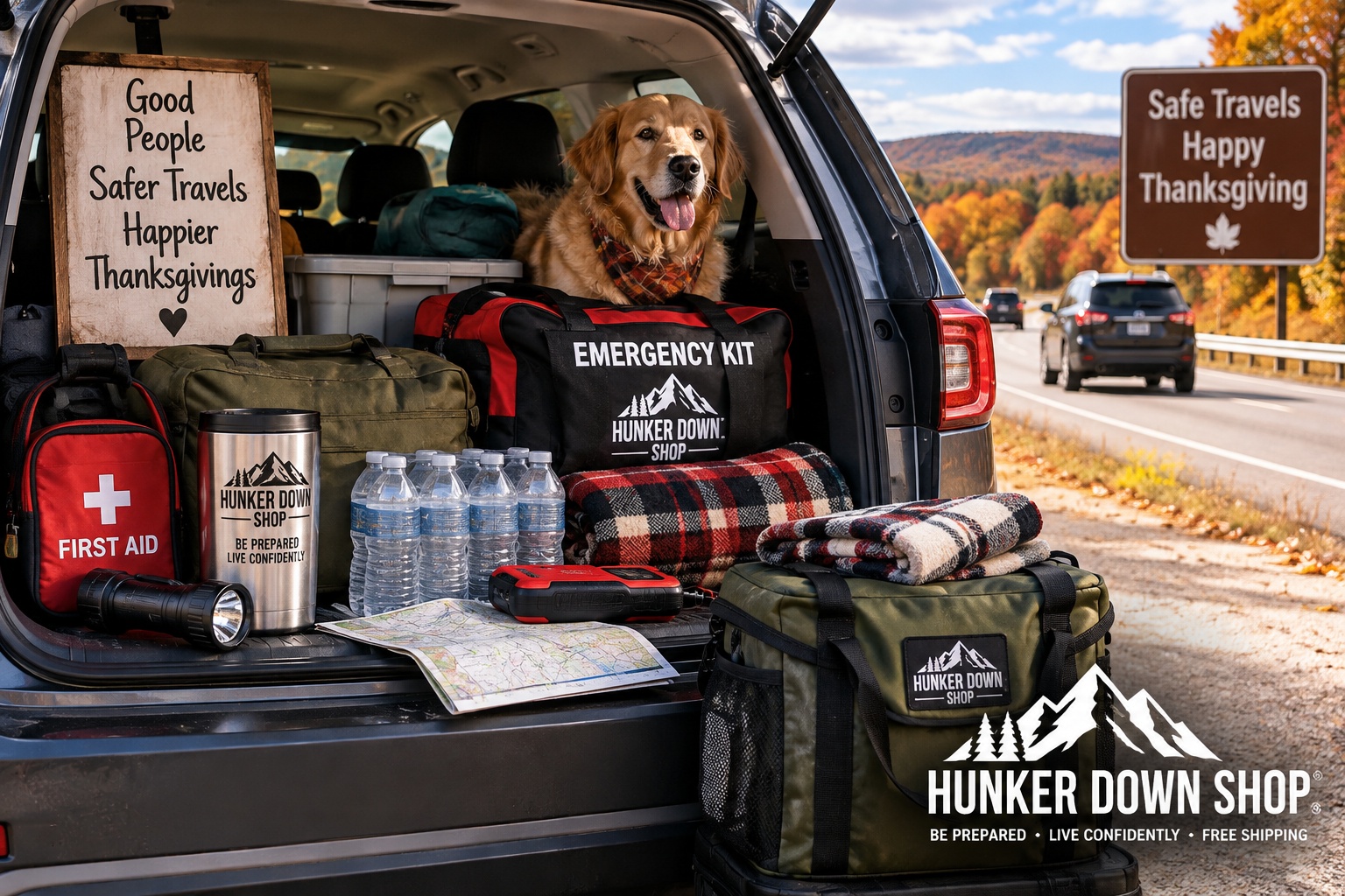 Thanksgiving holiday travel preparedness with vehicle emergency supplies, blankets, water, first aid kit and pet.