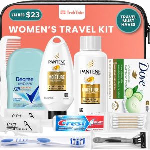 Women’s travel toiletry kit with personal hygiene essentials